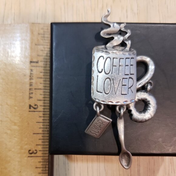 Vintage "Coffee Lover" Pinback, Silver, with 3 Charms: sugar, spoon, and donut - Picture 2 of 5